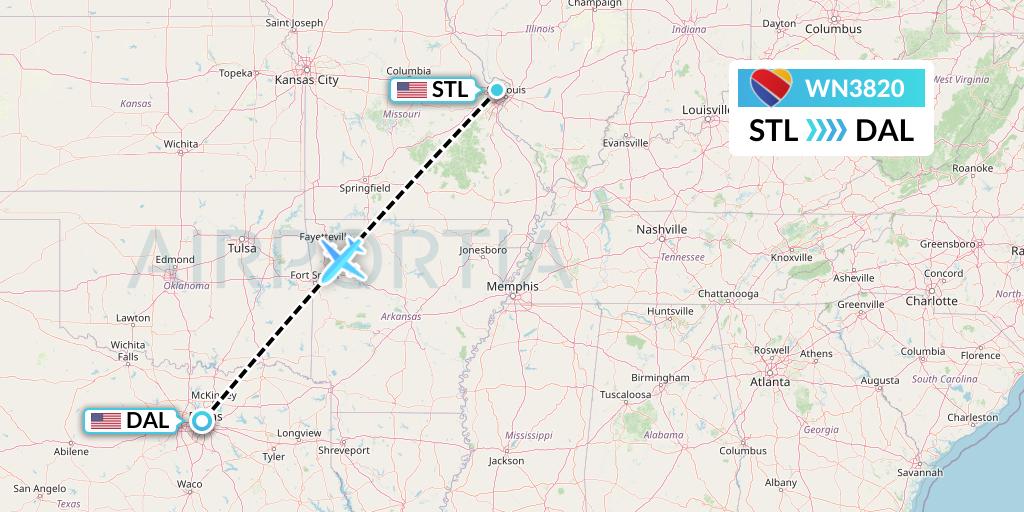 WN3820 Southwest Airlines Flight Map: St. Louis to Dallas