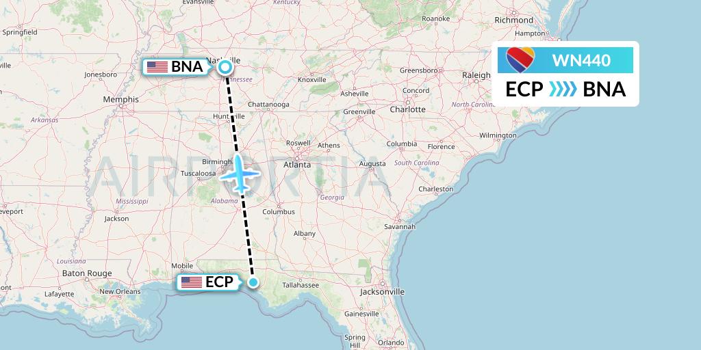 WN440 Southwest Airlines Flight Map: Panama City to Nashville