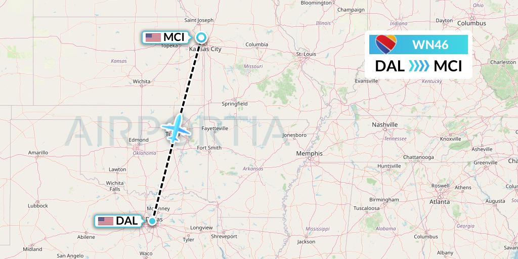 WN46 Southwest Airlines Flight Map: Dallas to Kansas City
