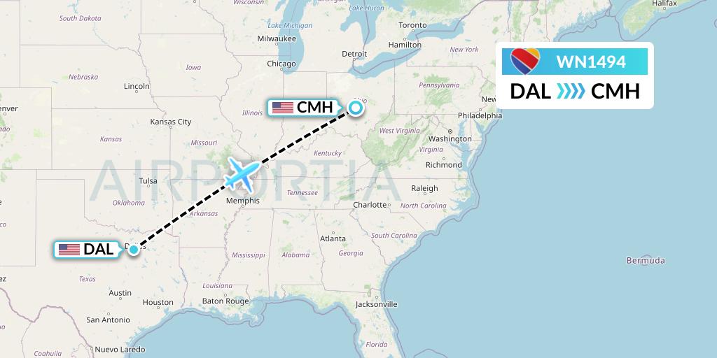 WN1494 Southwest Airlines Flight Map: Dallas to Columbus