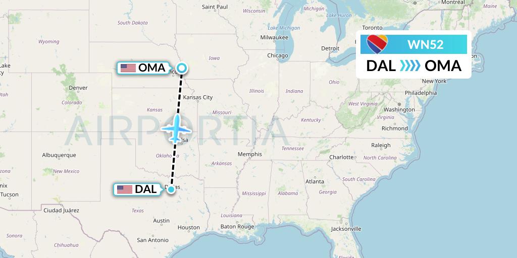WN52 Southwest Airlines Flight Map: Dallas to Omaha