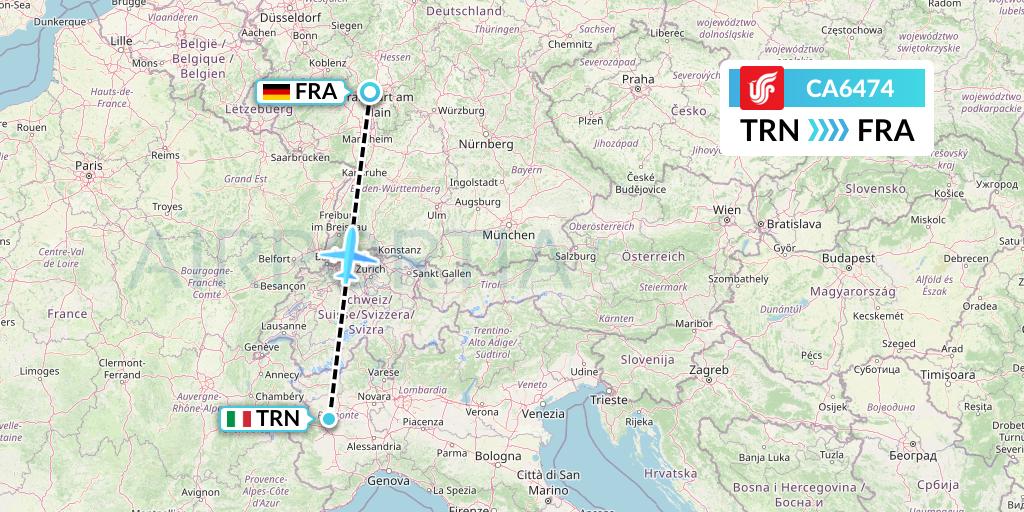 CA6474 Air China Flight Map: Turin to Frankfurt