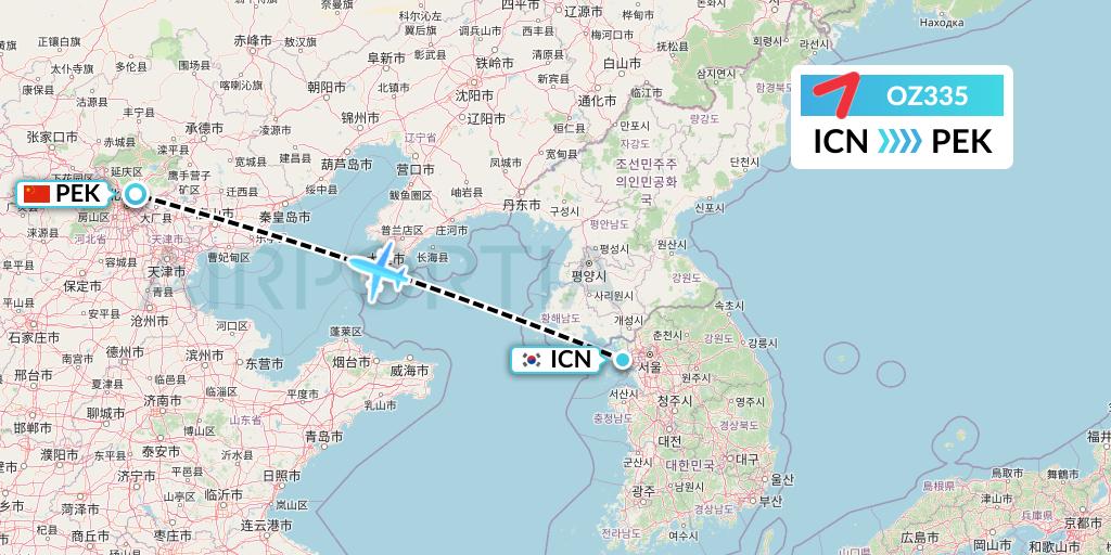 OZ335 Asiana Airlines Flight Map: Seoul to Beijing