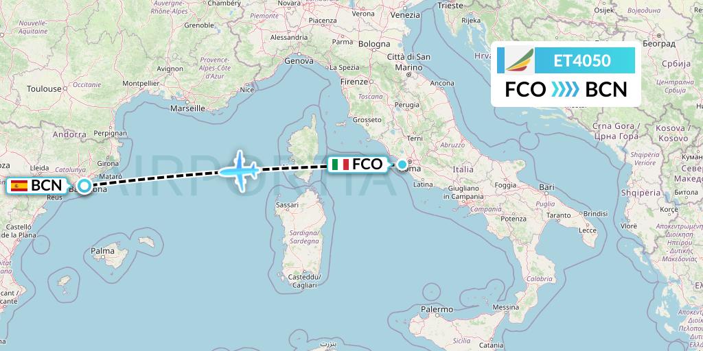 ET4050 Ethiopian Airlines Flight Map: Rome to Barcelona