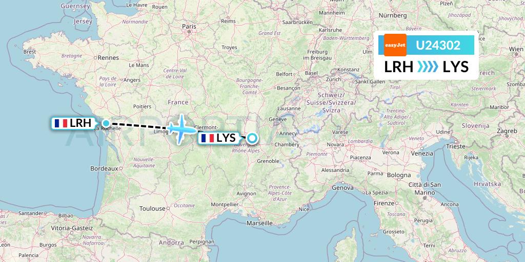 U24302 EasyJet Flight Map: La Rochelle to Lyon
