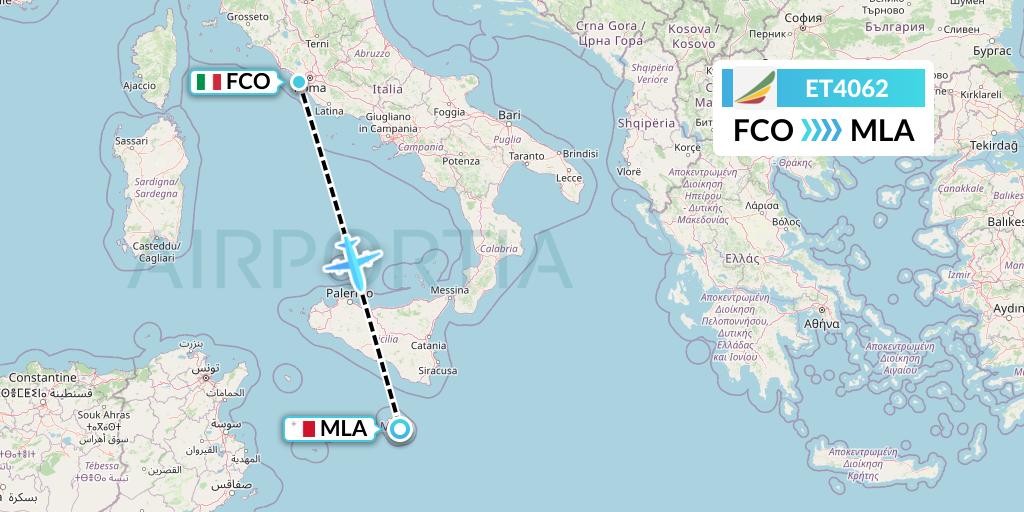 ET4062 Ethiopian Airlines Flight Map: Rome to Malta