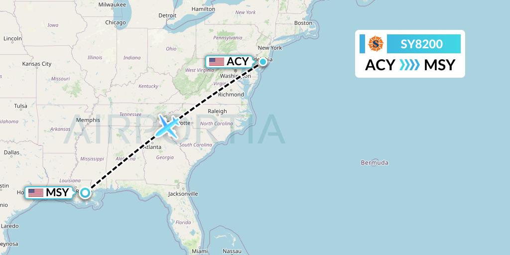 SY8200 Sun Country Airlines Flight Map: Atlantic City to New Orleans