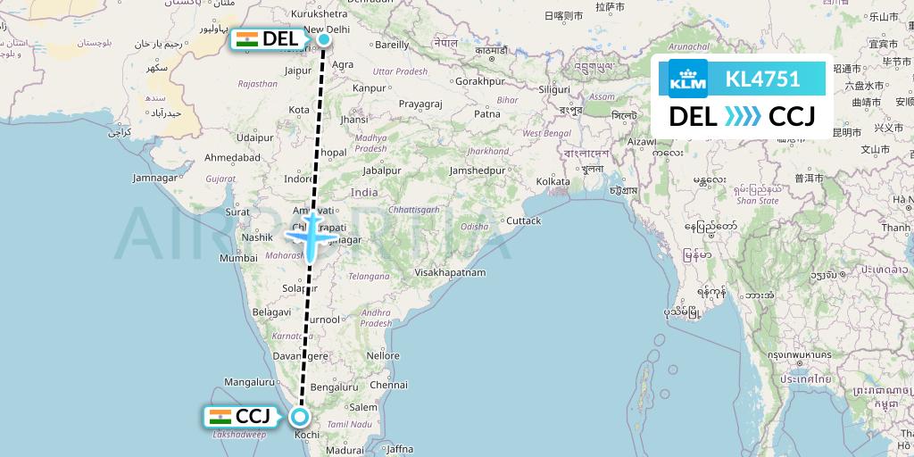 KL4751 KLM Flight Map: Delhi to Kozhikode