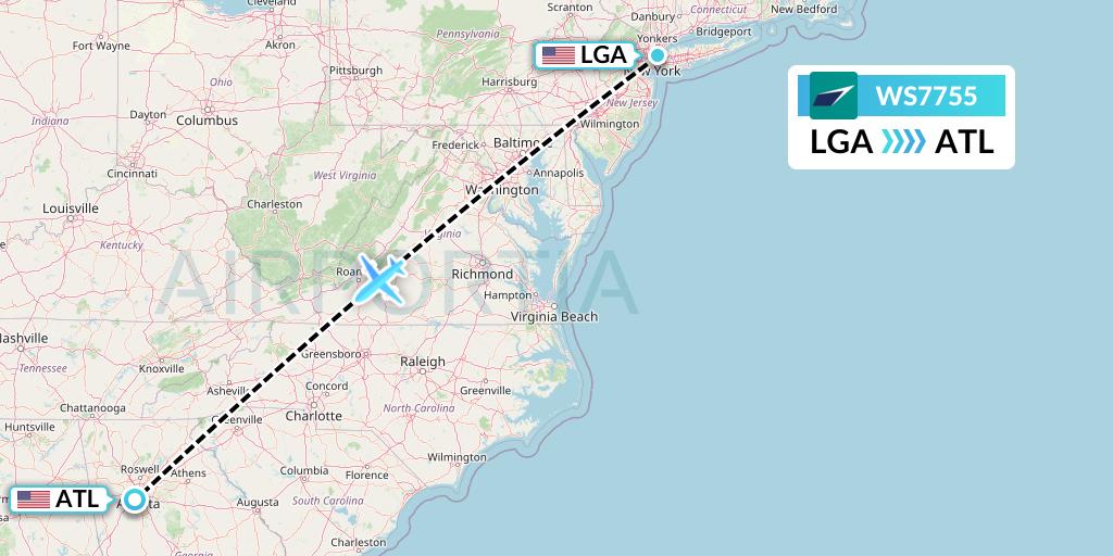 WS7755 WestJet Flight Map: New York to Atlanta