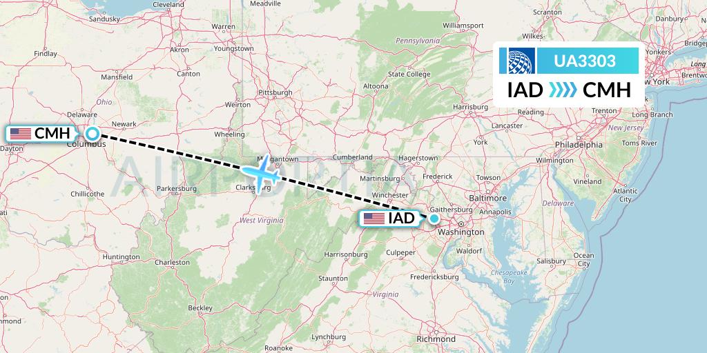 UA3303 United Airlines Flight Map: Washington to Columbus