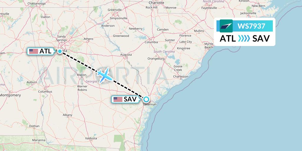 WS7937 WestJet Flight Map: Atlanta to Savannah
