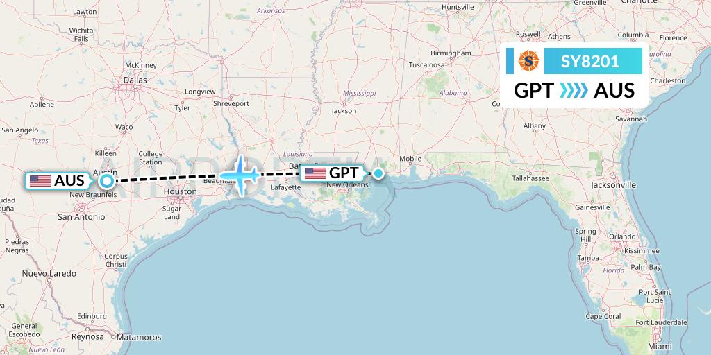 SY8201 Sun Country Airlines Flight Map: Gulfport to Austin