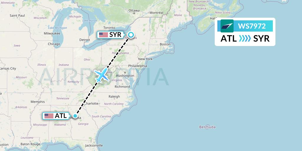 WS7972 WestJet Flight Map: Atlanta to Syracuse