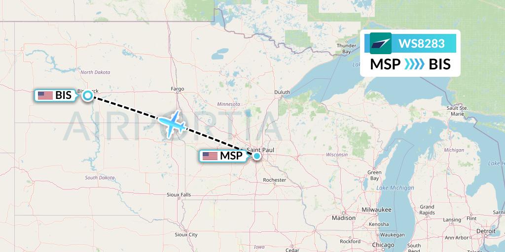 WS8283 WestJet Flight Map: Minneapolis to Bismarck