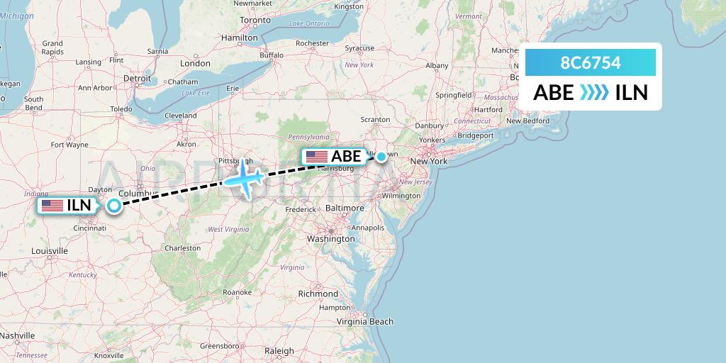8C6754 Air Transport International Flight Map: Allentown to Wilmington