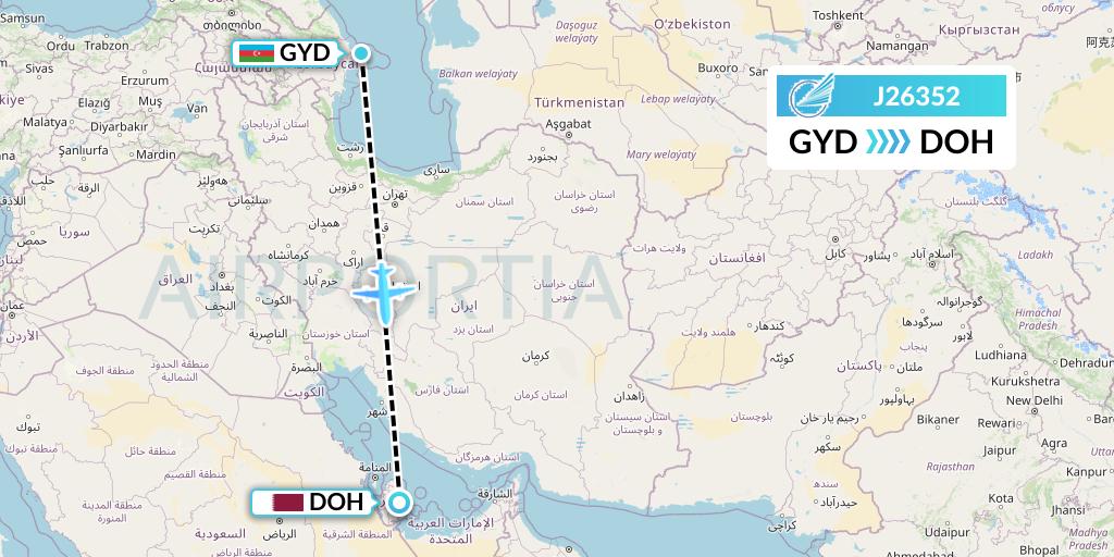 J26352 Azerbaijan Airlines Flight Map: Baku to Doha