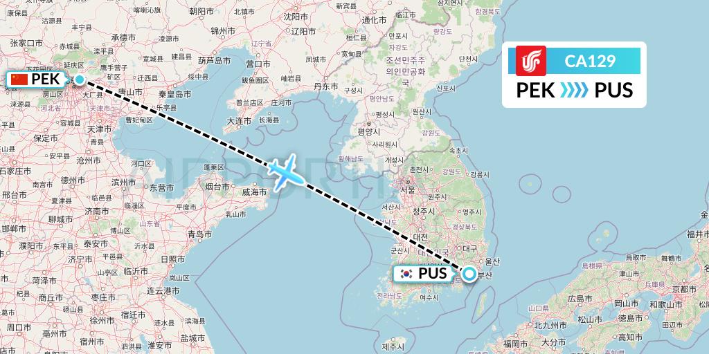 CA129 Air China Flight Map: Beijing to Busan