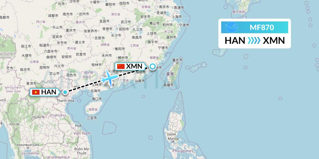 MF870 Xiamen Airlines Flight Map: Hanoi to Xiamen