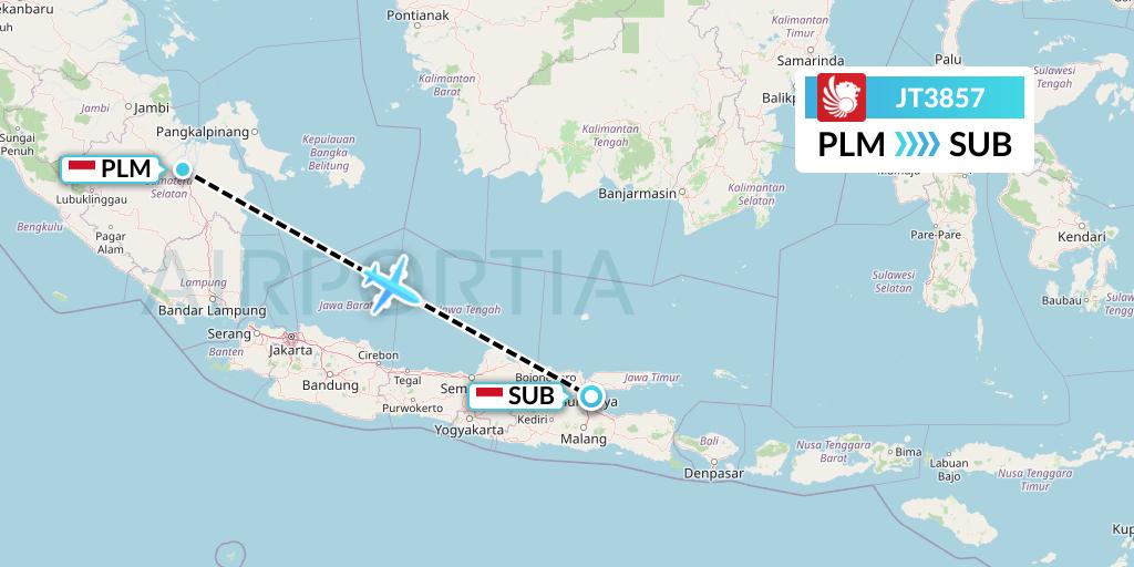 JT3857 Lion Airlines Flight Map: Palembang to Surabaya