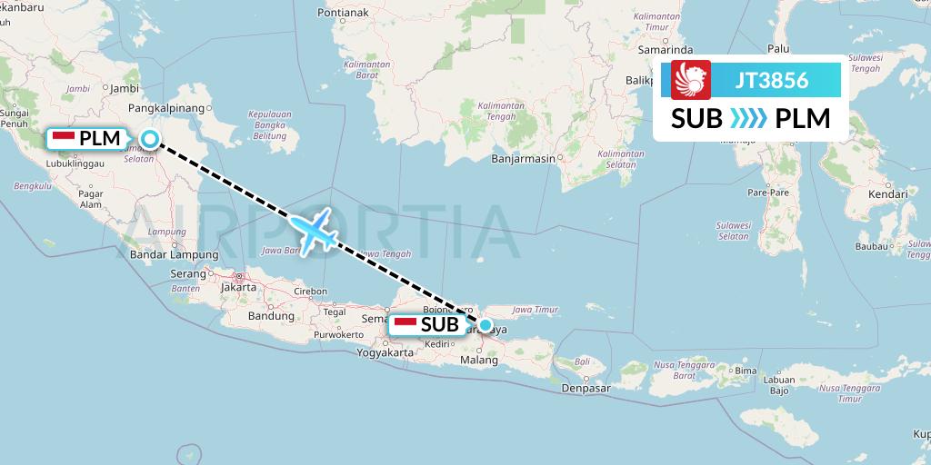 JT3856 Lion Airlines Flight Map: Surabaya to Palembang