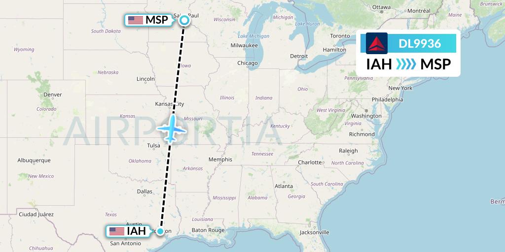 DL9936 Delta Air Lines Flight Map: Houston to Minneapolis