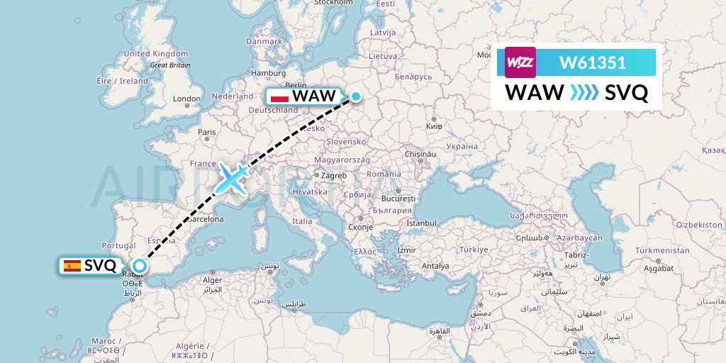 W61351 Wizz Air Flight Map: Warsaw to Seville
