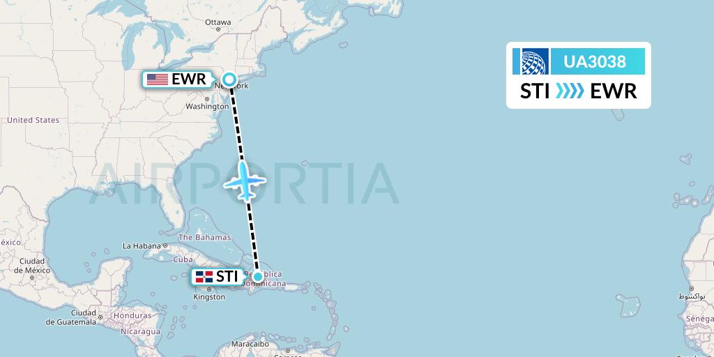 UA3038 United Airlines Flight Map: Santiago de los Caballeros to New York