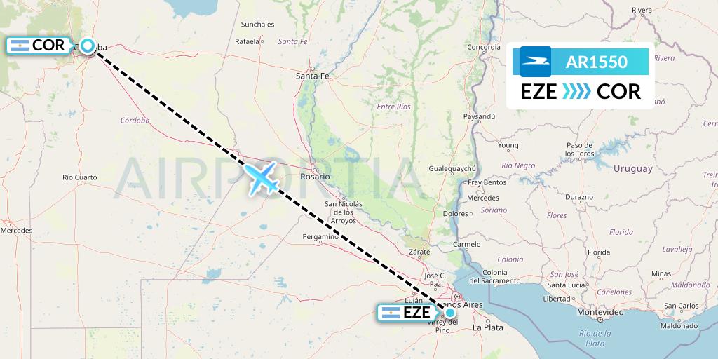 AR1550 Aerolineas Argentinas Flight Map: Buenos Aires to Cordoba