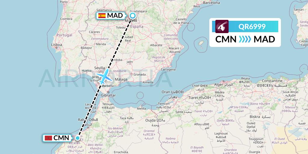 QR6999 Qatar Airways Flight Map: Casablanca to Madrid
