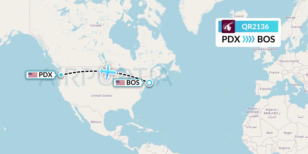 QR2136 Qatar Airways Flight Map: Portland to Boston