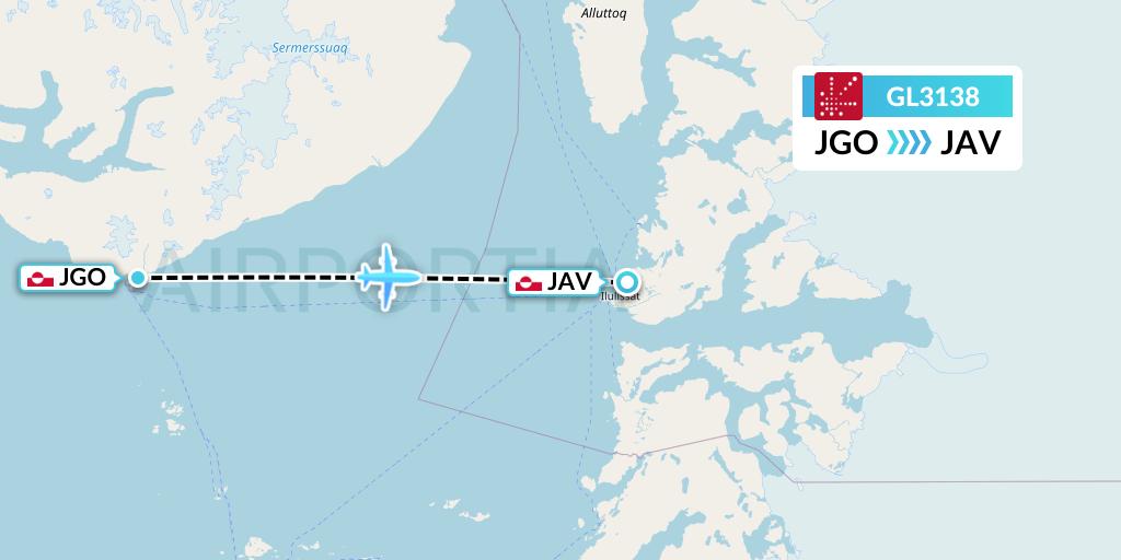 GL3138 Air Greenland Flight Map: Qeqertarsuaq Airport to Ilulissat