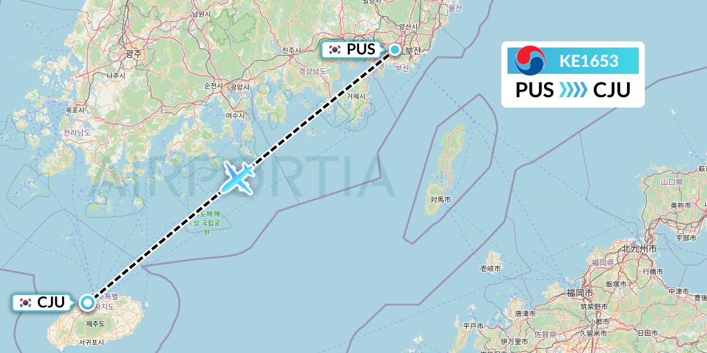 KE1653 Korean Air Flight Map: Busan to Jeju