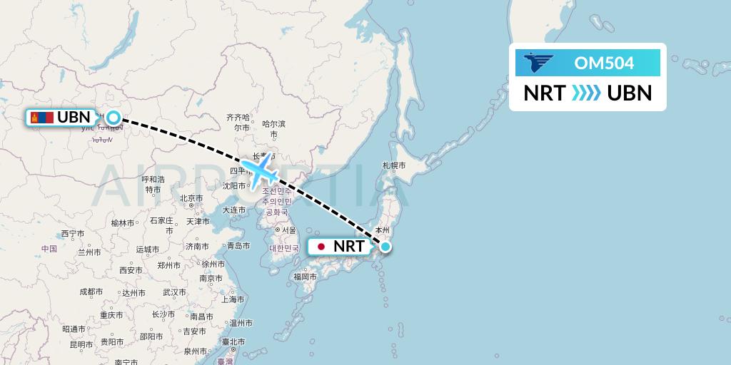 OM504 MIAT Mongolian Airlines Flight Map: Tokyo to Ulan Bator