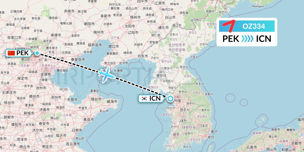 OZ334 Asiana Airlines Flight Map: Beijing to Seoul