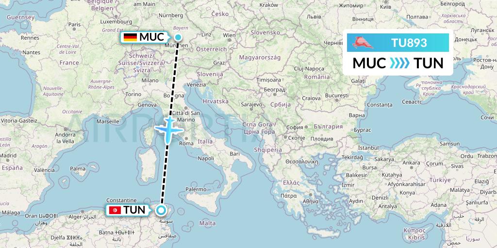 TU893 Tunisair Flight Map: Munich to Tunis