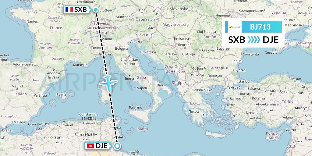 BJ713 Nouvelair Tunisie Flight Map: Strasbourg to Djerba
