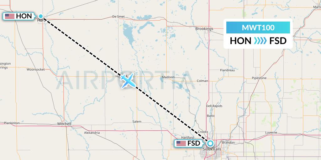 MWT100 Midwest Aviation Division Flight Map: Huron to Sioux Falls
