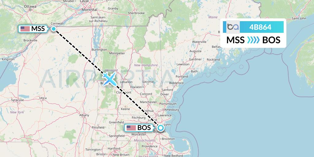 4B864 Boutique Air Flight Map: Massena to Boston