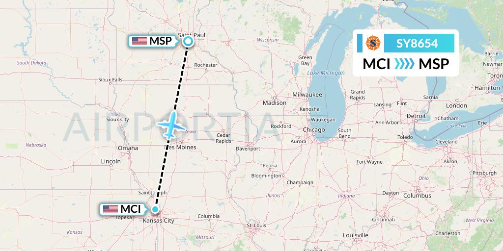 SY8654 Sun Country Airlines Flight Map: Kansas City to Minneapolis
