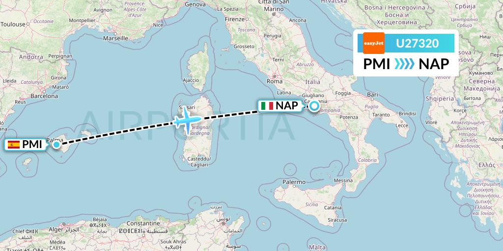 U27320 EasyJet Flight Map: Palma de Mallorca to Naples