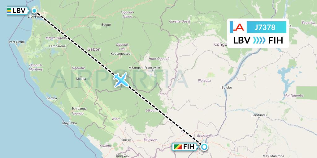 J7378 Afrijet Business Services Flight Map: Libreville to Kinshasa
