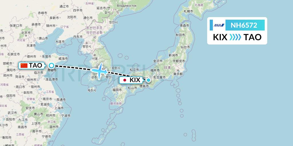 NH6572 All Nippon Airways Flight Map: Osaka to Qingdao