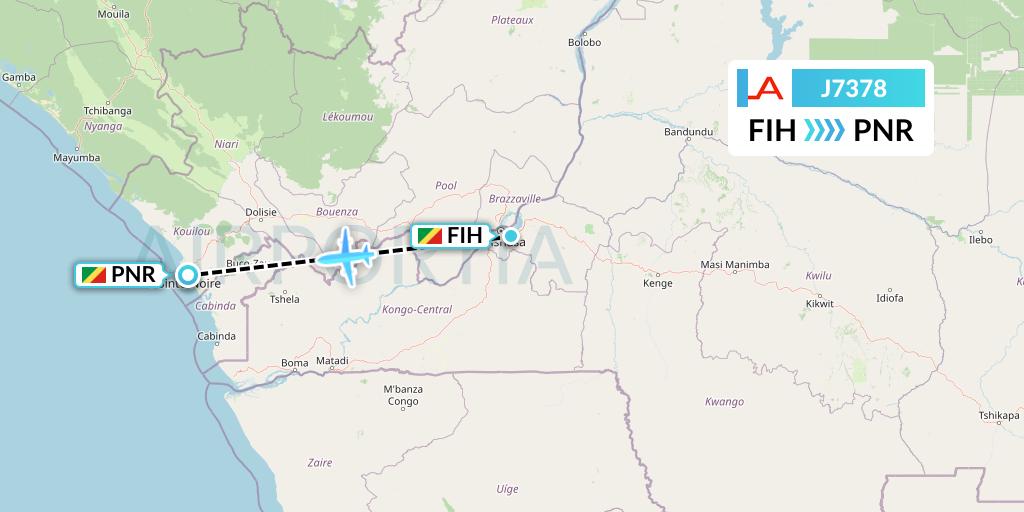 J7378 Afrijet Business Services Flight Map: Kinshasa to Pointe Noire
