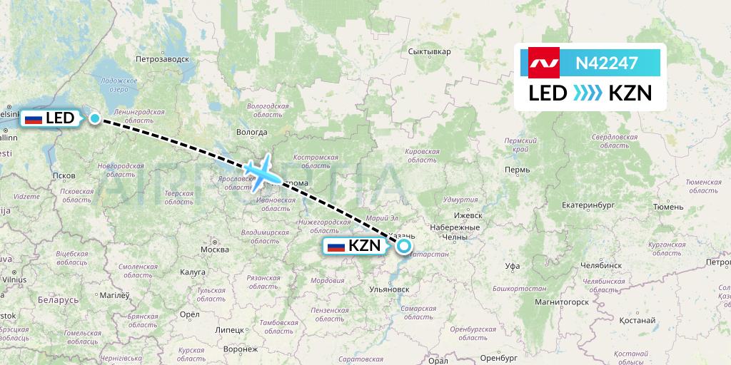 N42247 Nordwind Airlines Flight Map: St. Petersburg to Kazan