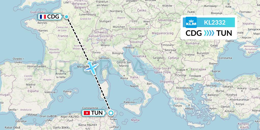 KL2332 KLM Flight Map: Paris to Tunis