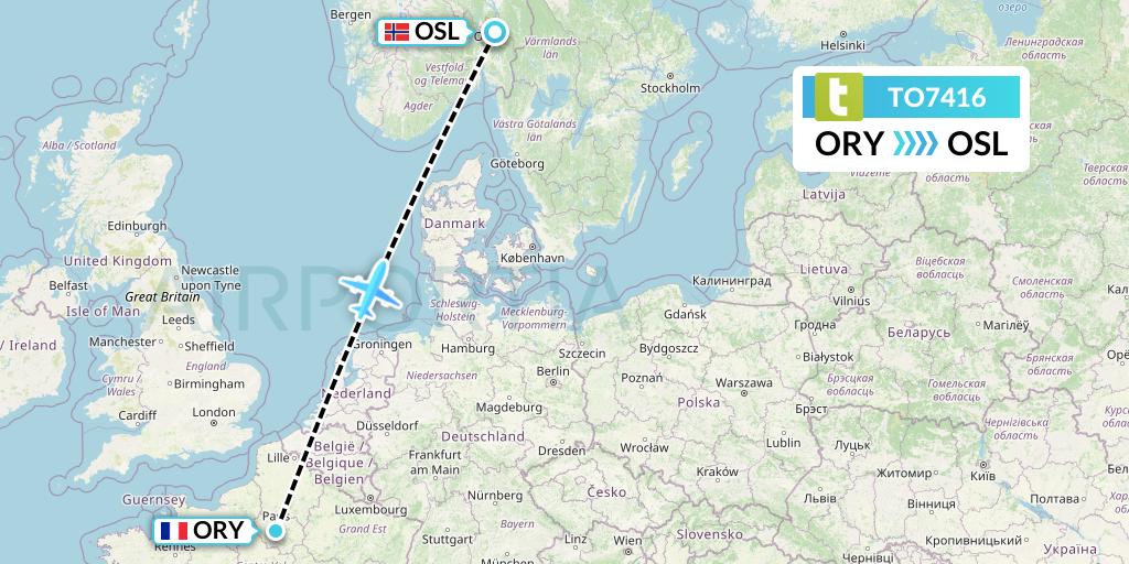 TO7416 Transavia France Flight Map: Paris to Oslo