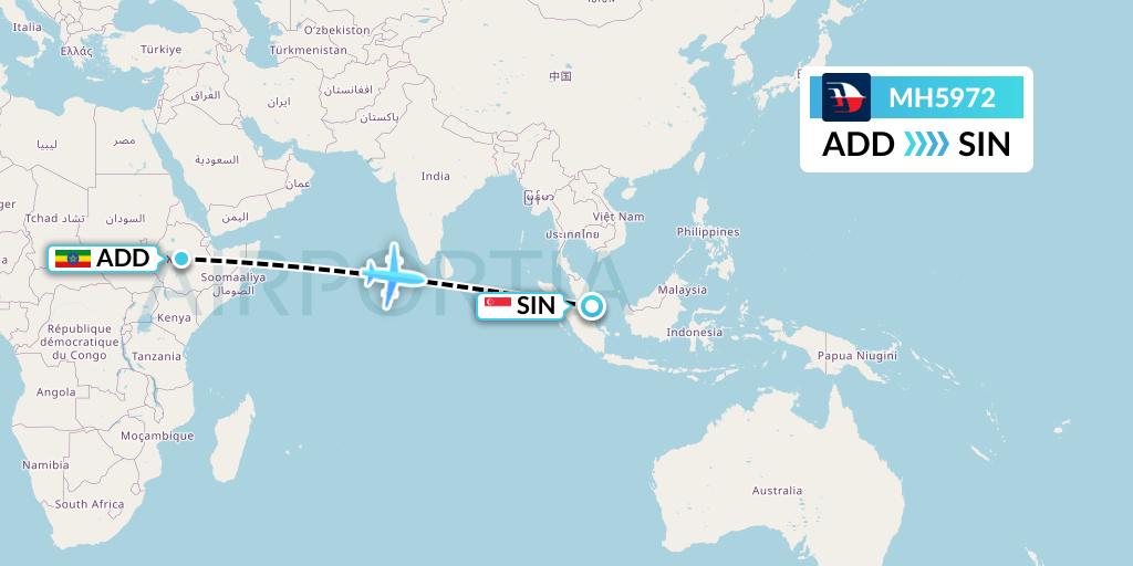 MH5972 Malaysia Airlines Flight Map: Addis Ababa to Singapore