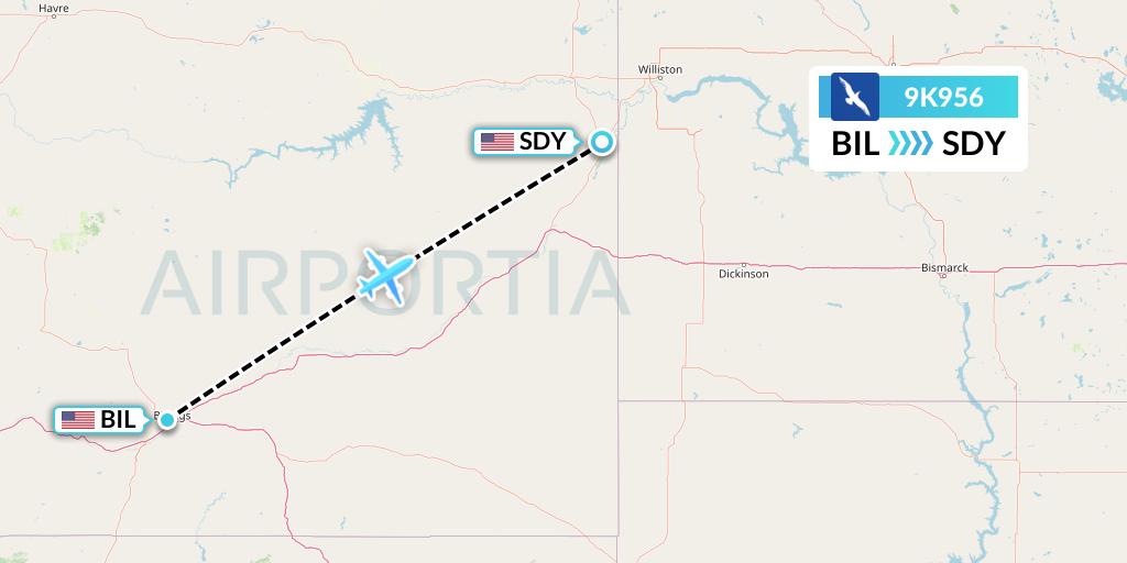 9K956 Cape Air Flight Map: Billings to Sidney