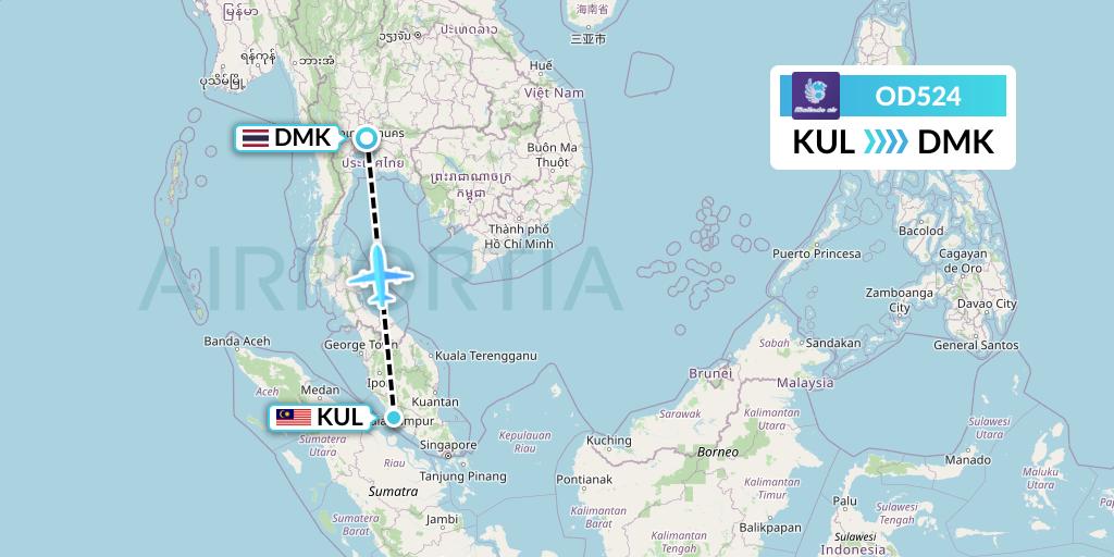 OD524 Batik Air Malaysia Flight Map: Kuala Lumpur to Bangkok