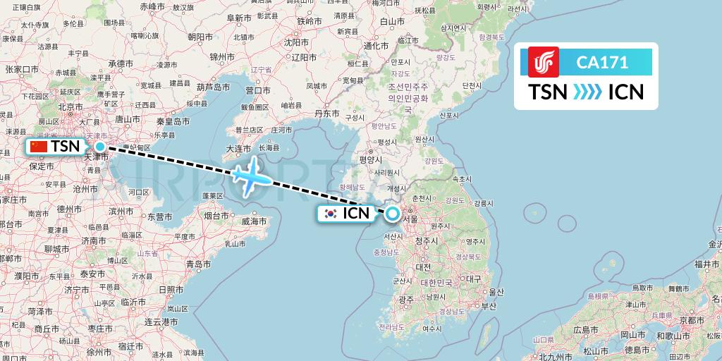 CA171 Air China Flight Map: Tianjin to Seoul